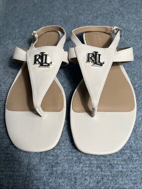 Ralph Lauren Cream Leather Thong Sandals with RL Medallion